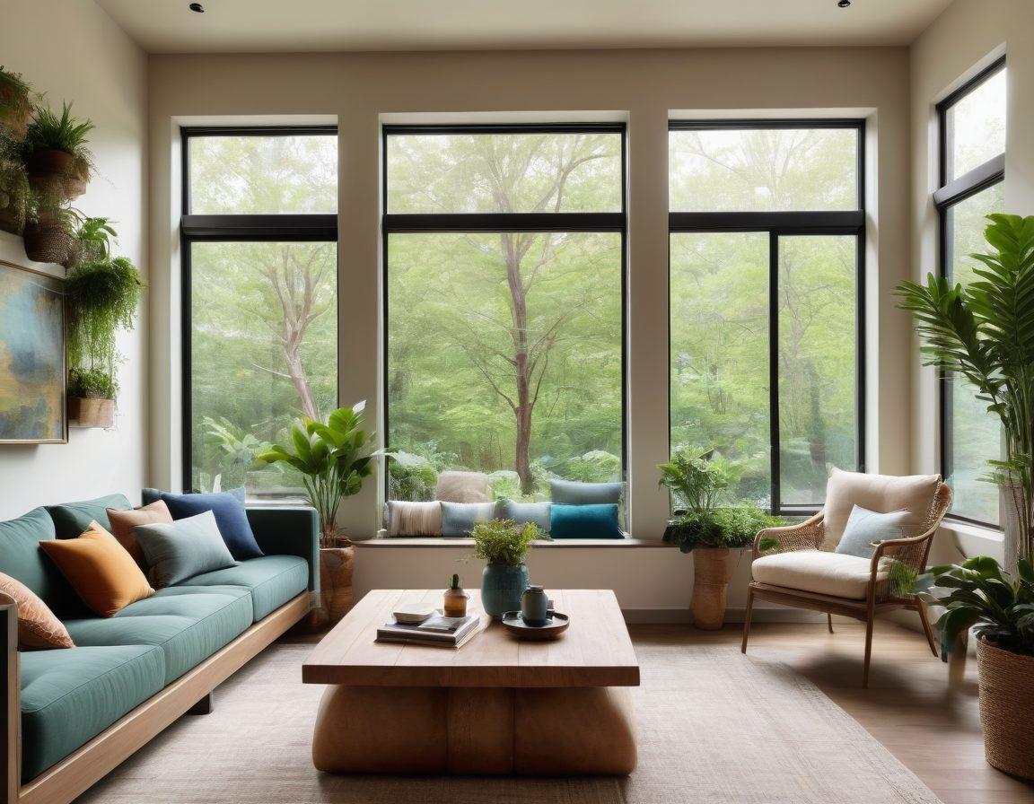 A beautifully designed interior space showcasing a blend of modern and rustic elements, with a cozy seating area, vibrant plants, and stylish decor accents. The room features large windows allowing natural light to pour in, accentuating the potential of the space. Include a tasteful color palette that combines warm and cool tones for a balanced ambiance. super-realistic. vibrant colors. natural lighting.