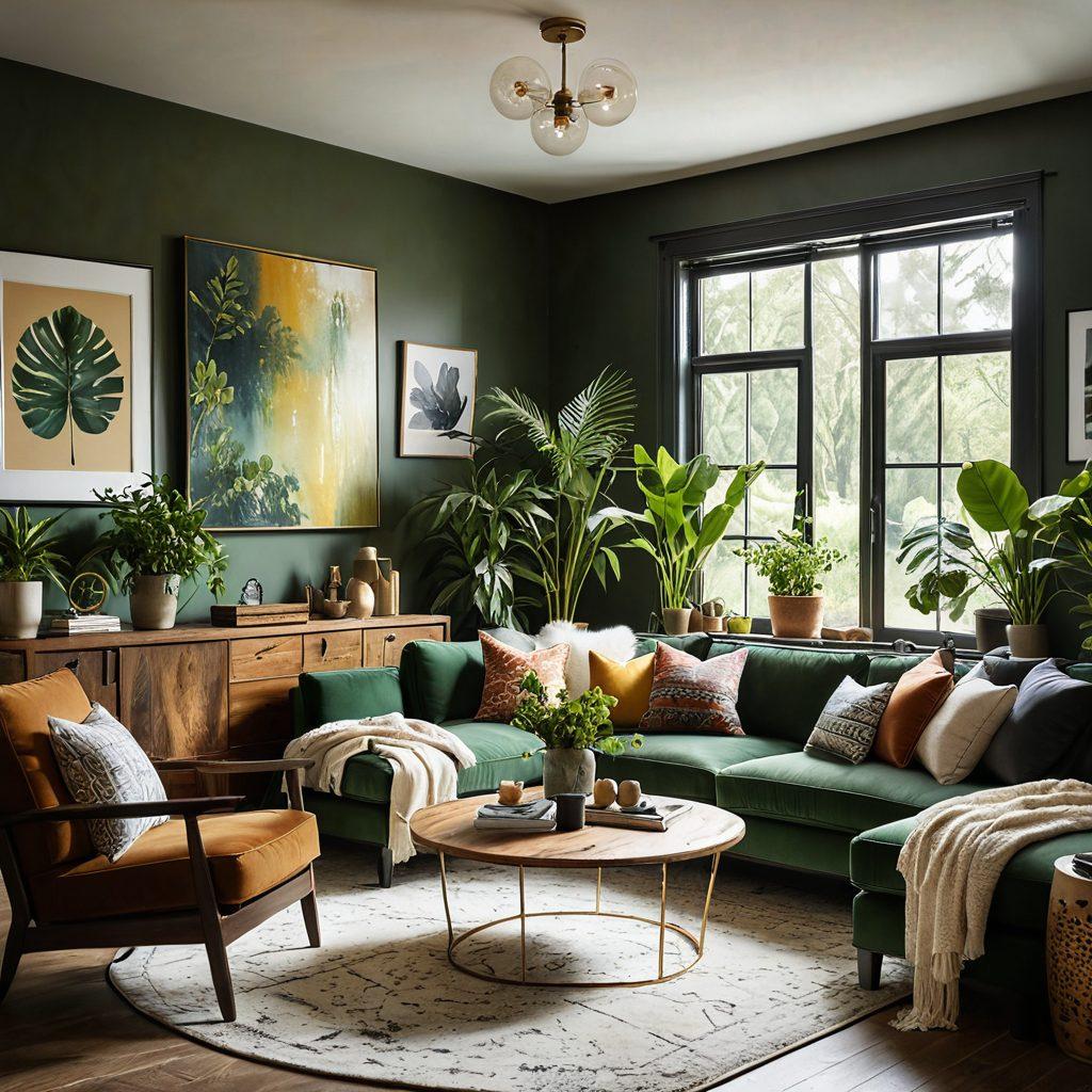 A cozy living room transformed with stylish furniture, plants, and art, showcasing a before-and-after effect. Sunlight streaming through large windows highlights warm colors and textures. Include homeowners discussing design ideas enthusiastically. A touch of modern elegance intertwined with rustic charm. vibrant colors. super-realistic.